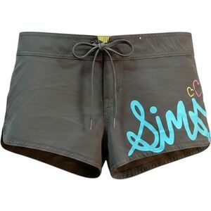 Sims Womens Board Shorts Charcoal Grey Teal Logo Hearts Swim Size Small NWT